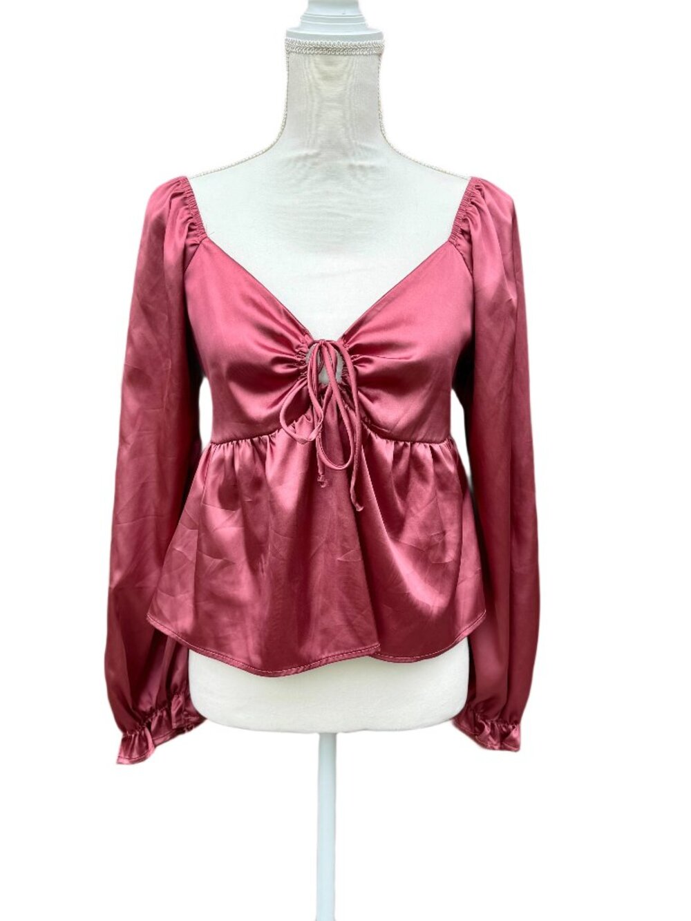 Altar'd State Satin Tie Front Peplum Top Medium Rose Pink